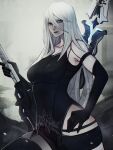  1girl absurdres black_shorts black_tank_top blue_eyes breasts collarbone elbow_gloves gloves hair_between_eyes hand_on_own_hip highres holding holding_sword holding_weapon joints large_breasts long_hair looking_at_viewer mole mole_under_mouth nier:automata nier_(series) polearm robot_joints shorts solo sword tank_top thigh-highs upper_body weapon weapon_on_back white_hair xuuikie_ashe yorha_type_a_no._2 
