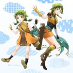  2girls :d :o absurdres aged_down arrow_(projectile) asymmetrical_gloves bandana black_shirt black_socks boots braid clouds dual_persona female_child fingerless_gloves fire_emblem fire_emblem:_the_blazing_blade fire_emblem_heroes gloves green_eyes green_hair highres looking_back medium_hair midori_no_baku multiple_girls official_alternate_costume open_mouth quiver rebecca_(fire_emblem) shirt shoes sleeveless smile socks twin_braids twintails twitter_username white_background yellow_gloves 