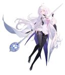  1girl absurdres ahoge boots dress fate/grand_order fate_(series) full_body high_heels highres holding holding_staff long_hair merlin_(fate/prototype) pink_eyes senya8833 staff thigh_boots white_background white_dress white_hair 