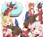  4girls admire_vega_(umamusume) animal_ears bean_bag_chair black_hairband blonde_hair bow brown_hair closed_eyes commentary curren_chan_(umamusume) ear_covers ear_ornament fluffy hair_bow hairband hands_on_own_hips highres horse_ears horse_girl horse_tail light_brown_hair long_hair low_ponytail motion_lines multiple_girls multiple_views narita_top_road_(umamusume) one_eye_closed open_mouth orange_hair parted_bangs pink_eyes pointing pointing_at_another red_track_suit shaded_face short_hair simple_background single_ear_cover t.m._opera_o_(umamusume) tail translation_request umamusume white_bow yogibo yonedatomo_mizu 