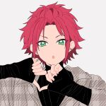  1boy :o bangs_pinned_back commentary_request ear_piercing ensemble_stars! fingernails green_eyes heart heart_hands highres isara_mao jewelry llli_illli_illl long_sleeves looking_at_viewer male_focus open_mouth piercing redhead ring simple_background sleeves_past_wrists solo upper_body white_background 