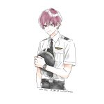  1boy absurdres artist_name belt black_belt black_necktie black_pants closed_mouth collared_shirt commentary_request cool_doji_danshi dated hair_between_eyes hat highres holding holding_clothes holding_hat male_focus nata_kokone necktie pants police police_hat police_uniform red_eyes redhead shiki_souma shirt short_hair short_sleeves simple_background solo uniform upper_body watch watch white_background white_shirt 