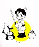  1boy artist_name bojji child closed_mouth commentary_request cosplay cosplay_request crown energy_sword frown full_body hanzou_5555 highres holding_lightsaber kage_(ousama_ranking) lightsaber long_sleeves looking_at_viewer male_child male_focus monochrome ousama_ranking porg short_hair simple_background standing star_wars sword weapon white_background 