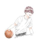  1boy absurdres artist_name ball basketball_(object) blush commentary_request cool_doji_danshi dated highres holding holding_ball male_focus nata_kokone open_mouth red_eyes redhead shiki_souma shirt short_hair simple_background solo white_background white_shirt 