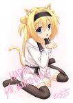 1girl animal_ear_fluff animal_ears between_legs birthday black_hairband black_sailor_collar black_thighhighs blonde_hair blue_eyes cat_ears cat_girl cat_tail chitose_sana commentary_request dated double-parted_bangs double_bun eyes_visible_through_hair feet full_body hair_between_eyes hair_bun hair_intakes hairband hand_between_legs hand_up happy_birthday highres hirocchi legs light_blush long_hair looking_at_viewer meowing miniskirt no_shoes open_mouth paw_pose sailor_collar shirt signature simple_background sitting skirt solo tail tenshinranman thigh-highs two_side_up wariza white_background white_shirt white_skirt yellow_tail zettai_ryouiki 