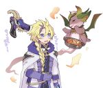  1boy black_sclera blonde_hair blue_eyes blush braid buerillabaisse_de_nouvelles cape clavkiys_the_magikey_skyblaster colored_sclera demon duel_monster ei_(tdnei666) flying food gloves gun half-closed_eyes hand_on_own_stomach highres long_hair long_sleeves magikey_maftea male_focus open_mouth purple_hair single_braid translation_request weapon yu-gi-oh! 