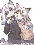  2girls animal_ears black_sweater blue_ribbon blue_skirt blush cat cat_ears cat_girl cat_tail cellphone closed_eyes furry furry_female highres hug multiple_girls original phone pink_pupils ribbon school_uniform skirt smile sweater tail white_hair yagi_(s1120411) 