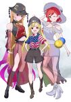  3girls adapted_costume american_flag_shirt beanie black_headwear black_shorts blonde_hair clownpiece detached_sleeves dress hat highres horikawa_raiko junko_(touhou) looking_at_viewer mizoreshi multiple_girls navel pants purple_pants red_eyes redhead short_sleeves shorts sleeveless smile sun_hat touhou two-tone_shirt violet_eyes white_dress white_headwear 