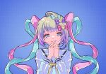  1girl @_@ blue_hair bow chouzetsusaikawa_tenshi-chan english_text fukowaikaga grey_hair hair_bow highres interlocked_fingers long_hair long_sleeves looking_at_viewer multicolored_hair multicolored_nails multiple_hair_bows nail_polish neck_ribbon needy_girl_overdose own_hands_clasped own_hands_together parted_lips pink_hair quad_tails ribbon sailor_collar smile solo upper_body very_long_hair 