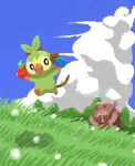  :d berry_(pokemon) black_eyes bright_pupils chasing clouds commentary_request day food fruit grass greedent grookey highres holding holding_food holding_fruit jumping no_humans open_mouth oran_berry outdoors pokemon pokemon_(creature) sky smile tamato_berry tomozo_(muginosukejr) white_pupils 