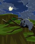  branch brown_eyes clouds colored_sclera commentary_request fangs fangs_out grass highres moon night no_humans outdoors pokemon pokemon_(creature) poochyena sky solo tomozo_(muginosukejr) yellow_sclera 
