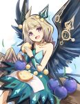  1girl bare_shoulders black_wings blueberry bread brown_hair collarbone dress duel_monster feathered_wings feet_out_of_frame food fruit green_dress hair_ornament holding holding_food hugin_the_runick_wings jewelry kachuten long_hair necklace open_mouth pearl_necklace purple_hair sitting solo wings yu-gi-oh! 