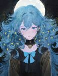  1girl absurdres backlighting blue_bow blue_bowtie blue_eyes blue_hair bow bowtie closed_mouth expressionless flat_chest full_moon hair_between_eyes highres light_blush long_hair looking_at_viewer moon original shuta solo star_(symbol) upper_body very_long_hair wavy_hair 