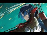  1boy alcryst_(fire_emblem) armor arrow_(projectile) blue_hair cape circlet fire_emblem fire_emblem_engage fur_trim hair_between_eyes high_collar long_sleeves looking_to_the_side lumina769 male_focus red_eyes short_hair shoulder_armor solo 