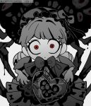  1girl bell blood bow bowtie bug capelet dress female_child greyscale hair_bell hair_ornament hat hat_bow heart highres jingle_bell laetitia_(lobotomy_corporation) lazy_eye lobotomy_corporation maskv mob_cap monochrome pink_eyes project_moon short_twintails solo spider spot_color twintails upper_body 
