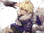  1girl ahoge armor ascot black_gloves blonde_hair blue_eyes closed_mouth fire_emblem fire_emblem_engage fur_trim gloves highres holding holding_sword holding_weapon looking_at_viewer merrin_(fire_emblem) riding riding_animal shoulder_armor sword tekology weapon white_ascot wolf 