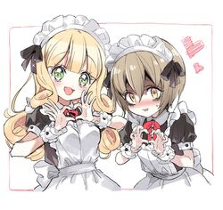  2girls alternate_costume blonde_hair blush breasts brown_hair embarrassed enmaided green_eyes heart heart_hands jashin-chan_dropkick long_hair looking_at_viewer maid maid_headdress multiple_girls official_art pekora_(jashin-chan_dropkick) poporon_(jashin-chan_dropkick) short_hair simple_background small_breasts smile upper_body white_background yellow_eyes yukiwo 