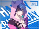  1boy animal_ears animal_hood aoyagi_touya awakening_beat_(project_sekai) beat_eater_(vocaloid) blue_hair candy character_name commentary dark_blue_hair dated english_commentary fake_animal_ears fingernails food grey_eyes hair_between_eyes happy_birthday holding holding_candy holding_food holding_lollipop hood hood_up lollipop long_sleeves male_focus mole mole_under_eye multicolored_hair official_alternate_costume project_sekai short_hair slc_yh solo split-color_hair tongue tongue_out two-tone_hair upper_body 