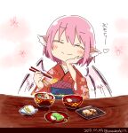  1girl animal_ears bird_ears bird_wings blush chopsticks closed_eyes closed_mouth dated earrings food heart holding holding_chopsticks japanese_clothes jewelry kimono long_sleeves mystia_lorelei obi pink_hair red_kimono sash short_hair single_earring smile solo touhou twitter_username white_wings wide_sleeves wings yamabuki_(yusuraume) 