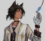  animal_ears arknights bell black_choker black_hair black_shirt cat_ears cat_teaser choker dark-skinned_male dark_skin ear_piercing earclip geebee_79 gloves grey_background highres jacket jewelry male_focus neck_bell necklace open_clothes open_jacket orange_eyes piercing ponytail shirt short_ponytail simple_background solo thorns_(arknights) upper_body white_gloves 