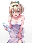  1girl absurdres blonde_hair blue_eyes blush bottle breasts crossed_bangs dress hair_between_eyes highres holding holding_bottle hololive ist_lei_mikan kazama_iroha leaning_forward looking_at_viewer medium_breasts open_mouth ponytail simple_background solo sundress virtual_youtuber water_bottle white_background white_dress 