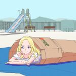  1girl bench blonde_hair box byackopath_(artist) cardboard_box commentary day fuurin_asumi healin&#039;_good_precure homeless in_box in_container long_hair looking_at_viewer outdoors precure slide smile solo tarpaulin violet_eyes 