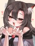  1girl :d animal_ear_fluff animal_ears bare_shoulders brown_background brown_hair dress fang half-closed_eyes heart imaizumi_kagerou long_hair looking_at_viewer off-shoulder_dress off_shoulder open_mouth r_xly0 redhead simple_background smile solo touhou white_dress wolf_ears wolf_girl 