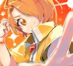  1boy baby ezumomo hair_over_one_eye highres hirogaru_sky!_precure looking_at_viewer male_focus orange_background orange_eyes orange_hair parted_bangs precure short_sleeves smile yuunagi_tsubasa 