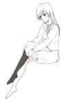  1girl absurdres adjusting_sock barefoot black_socks closed_mouth commentary_request full_body highres long_hair long_sleeves nanami_touko neck_ribbon nyamo partial_commentary ribbon school_uniform sitting socks solo tohmi_higashi_high_school_uniform white_background yagate_kimi_ni_naru 