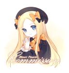  1girl abigail_williams_(fate) artist_name beret black_bow black_dress black_headwear blonde_hair bow commission dress english_commentary fate/grand_order fate_(series) forehead hair_bow hat highres light_blush looking_at_viewer minori_pinorin orange_bow own_hands_together parted_hair portrait smile solo 