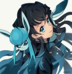  1boy black_hair blue_eyes blue_hair blue_theme blurry closed_mouth color_connection creature creature_on_shoulder crossover dalc_rose demon_slayer_uniform depth_of_field from_side glaceon kimetsu_no_yaiba light_particles long_hair long_sleeves looking_at_viewer looking_to_the_side looking_up male_focus multicolored_hair on_shoulder pokemon pokemon_(creature) simple_background smile tokitou_muichirou twitter_username two-tone_hair upper_body white_background wide_sleeves 
