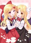  2girls :d bat_wings black_skirt black_vest blonde_hair bow bowtie commentary elis_(touhou) flower hair_bow hair_flower hair_ornament hair_ribbon highres holding_hands kurumi_(touhou) long_hair multiple_girls open_mouth pink_eyes pointy_ears red_bow red_bowtie red_flower red_skirt ribbon shirt skirt smile star_(symbol) suspenders touhou touhou_(pc-98) vest white_ribbon white_shirt wings yellow_eyes yurufuwa_milk 