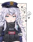  1girl black_gloves blue_eyes blue_headwear blush closed_mouth crossed_arms gloves goddess_of_victory:_nikke hat long_hair poli_(nikke) police police_uniform simple_background solo_focus super0kcal uniform white_hair 