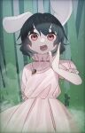  1girl :d absurdres animal_ears commentary_request cowboy_shot dress fang hand_up highres inaba_tewi nasu1225 open_mouth pink_dress rabbit_ears smile solo touhou 