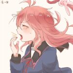  1girl blue_serafuku blush closed_eyes crescent crescent_hair_ornament fang from_side hair_between_eyes hair_ornament itomugi-kun kantai_collection long_hair long_sleeves lowres open_mouth pink_hair profile rabbit_hair_ornament red_ribbon ribbon school_uniform serafuku solo tears tongue tongue_out upper_body uzuki_(kancolle) very_long_hair 