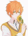  1boy blonde_hair closed_mouth collared_shirt commentary_request earrings flower green_eyes hair_between_eyes highres holding holding_flower jewelry llli_illli_illl long_sleeves looking_at_viewer male_focus multicolored_hair official_alternate_costume orange_hair project_sekai shinonome_akito shirt short_hair simple_background solo streaked_hair sunflower sweater_vest the_vivid_old_tale_(project_sekai) upper_body white_background 