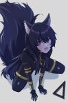  1girl :3 absurdres animal_ear_fluff animal_ears black_bodysuit black_gloves black_hair blush bodysuit commentary_request delta_(kage_no_jitsuryokusha_ni_naritakute!) facial_mark gloves hair_between_eyes highres kage_no_jitsuryokusha_ni_naritakute! kneeling long_hair long_sleeves looking_at_viewer open_mouth sei_natori shadow smile solo tail very_long_hair violet_eyes white_background wolf_ears wolf_girl wolf_tail 