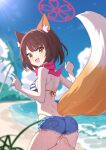  absurdres animal_ears bare_legs bare_shoulders barefoot blue_archive brown_hair fox_ears fox_tail halo highres izuna_(blue_archive) izuna_(swimsuit)_(blue_archive) looking_at_viewer oeyama official_alternate_costume tail thighs yellow_eyes 