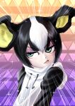  1girl absurdres animal_ears black_hair byackopath_(artist) commentary dog_ears dog_girl emphasis_lines green_eyes highres hood hoodie humanization iggy_(jojo) jojo_no_kimyou_na_bouken kemono_friends multicolored_hair patterned_background solo two-tone_hair white_hair 