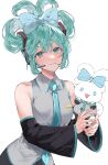  1girl aqua_eyes aqua_hair aqua_necktie bare_shoulders blue_bow blush bow cinnamiku cinnamoroll collared_shirt commentary_request grey_shirt hair_between_eyes hair_bow hair_ornament hatsune_miku highres light_smile long_hair looking_at_viewer microphone necktie sanrio shimatori_(sanyyyy) shirt simple_background smile vocaloid white_background 