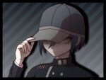  1boy artist_name black_border black_hair black_headwear black_jacket border brown_eyes buttons danganronpa_(series) danganronpa_v3:_killing_harmony double-breasted hair_between_eyes hand_up highres jacket long_sleeves male_focus saihara_shuichi short_hair solo striped striped_background striped_jacket suiren_yurei unmoving_pattern vertical_stripes 