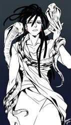  1boy arabian_clothes dreadlocks earrings grey_background jewelry kassim long_hair looking_at_viewer magi_the_labyrinth_of_magic male_focus signature simple_background snake spot_color temari114 yellow_eyes 