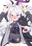  1boy 1girl ahoge animal_ears blue_archive blush cat_ears coat commentary demon_horns forehead highres hina_(blue_archive) horns ine_(ineinnen) kemonomimi_mode looking_at_viewer military nose_blush open_mouth parted_bangs symbol-only_commentary v-shaped_eyebrows white_hair 