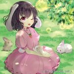  album_cover animal_ears black_hair carrot_necklace check_commentary commentary commentary_request cover dress floppy_ears frilled_sleeves frills grass hachipuyo inaba_mob_(touhou) inaba_tewi jewelry naughty_face necklace official_art one_eye_closed petting pink_dress puffy_short_sleeves puffy_sleeves rabbit rabbit_ears rabbit_girl rabbit_tail red_eyes ribbon-trimmed_dress short_hair short_sleeves sitting sunlight tail tongue tongue_out touhou touhou_cannonball tree wavy_hair 