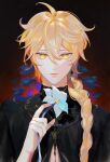  1boy adapted_costume aether_(genshin_impact) ahoge artist_name beii black_background black_shirt blonde_hair blue_flower braid closed_mouth earrings floral_background flower genshin_impact gradient_background hair_between_eyes hand_up highres holding holding_flower jewelry lips long_hair looking_at_viewer male_focus purple_flower red_background shirt single_earring solo yellow_eyes 