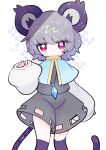  1girl :&lt; animal_ears blue_capelet capelet dotaku_(wran8845) dress expressionless eyes_visible_through_hair feet_out_of_frame gold_trim grey_dress grey_hair hand_up highres kneehighs long_sleeves looking_at_viewer mouse_ears mouse_tail nazrin pink_eyes puffy_long_sleeves puffy_sleeves short_hair simple_background skirt sleeves_past_wrists socks solo standing tail touhou white_background 