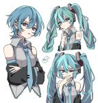  1girl alternate_hair_length alternate_hairstyle aqua_eyes aqua_hair aqua_nails arm_tattoo blue_necktie blush braid changing_hairstyle crossed_arms ear_piercing earrings eyelashes grey_shirt hatsune_miku headphones headset highres industrial_piercing jewelry long_hair looking_at_viewer naguno-0713 neck_tattoo necktie piercing shirt short_hair tattoo twin_braids twintails vocaloid wrist_cuffs 