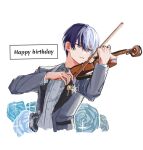  1boy aoyagi_touya blue_flower blue_hair blue_rose buttons commentary_request dark_blue_hair flower grey_eyes hair_between_eyes happy_birthday highres holding holding_bow_(music) holding_instrument instrument lapels long_sleeves male_focus mole mole_under_eye multicolored_hair parted_lips project_sekai rose short_hair solo split-color_hair two-tone_hair upper_body white_background x25670782 
