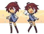  1girl ahoge bandage_over_one_eye blue_dress blue_ribbon boots brown_footwear brown_hair bungou_stray_dogs chibi closed_mouth commentary dazai_osamu_(bungou_stray_dogs) dress english_commentary frown genderswap genderswap_(mtf) grimfantas long_sleeves mole mole_under_eye open_mouth red_eyes ribbon shirt short_hair teeth upper_teeth_only white_shirt 