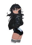  1girl absurdres black_hair breasts elf frown grey_eyes hands_in_pockets highres jacket large_breasts leather leather_jacket long_hair looking_at_viewer open_clothes open_jacket original pointy_ears saessacman shorts solo thigh-highs white_background 
